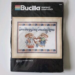 VTG BUCILLA Stamped Cross Stitch Kit Bunnies God Bless Home Granny Cottage 40268
